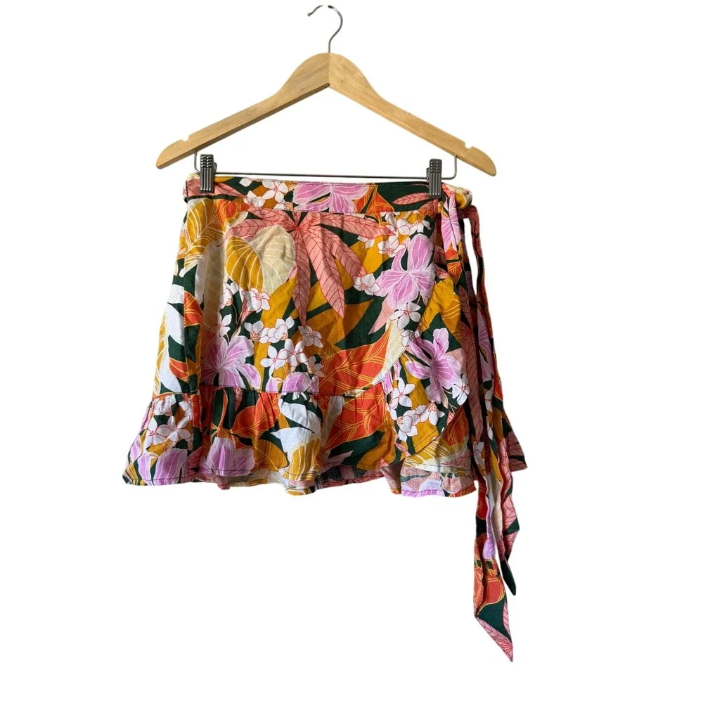 Aerie Wrap Mini Skirt Medium Orange Pink Tropical Floral Ruffle Hem Tie Waist